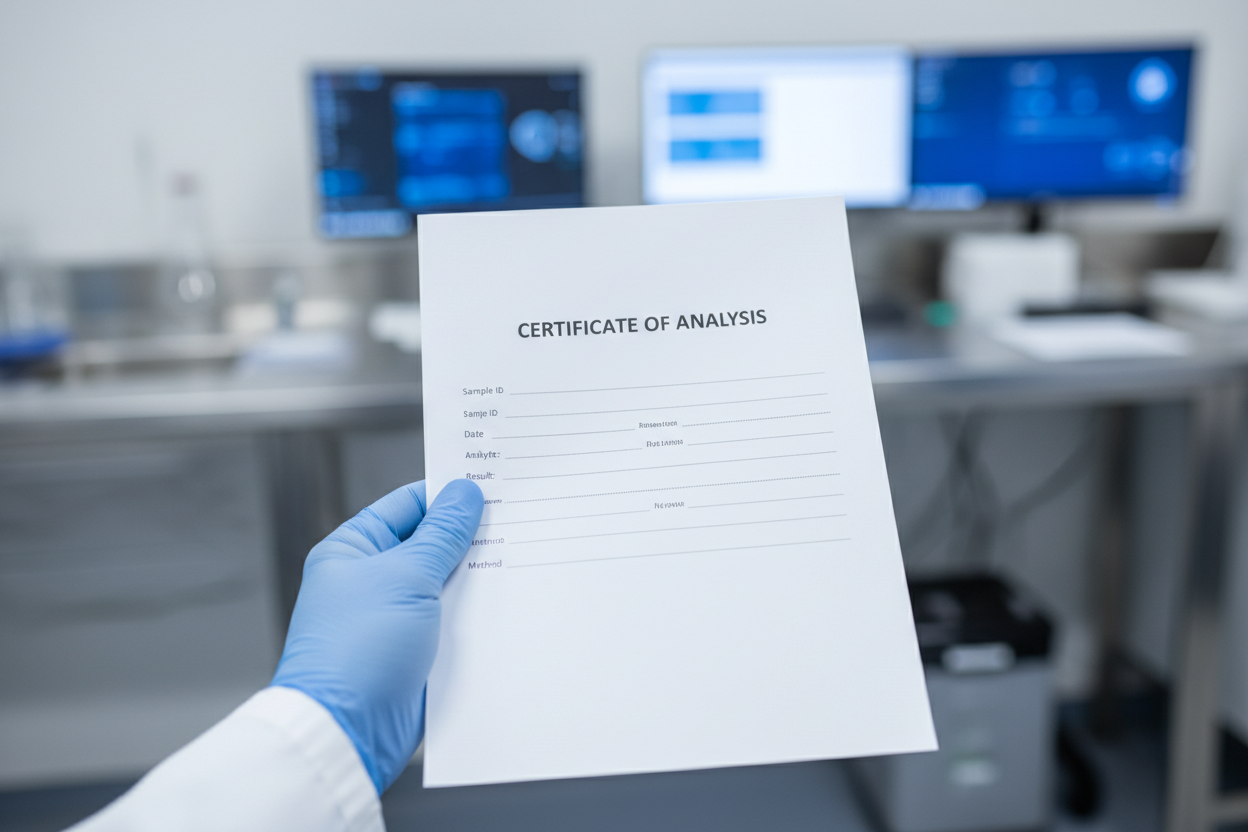Close-up of a gloved hand holding a neutral scientific document labeled Certificate of Analysis in a laboratory or documentation review setting. Cool blue and white color palette, clean and professional. Text on the document is generic and non-detailed, not readable. No branding, no logos, no signatures emphasized. Institutional, research-focused aesthetic. No medical, clinical, or pharmaceutical context.