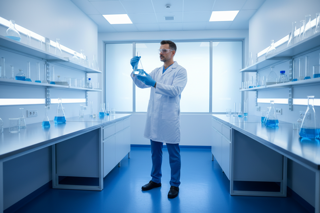Laboratory researcher examining glassware in a clean research environment, cool blue tones, no text